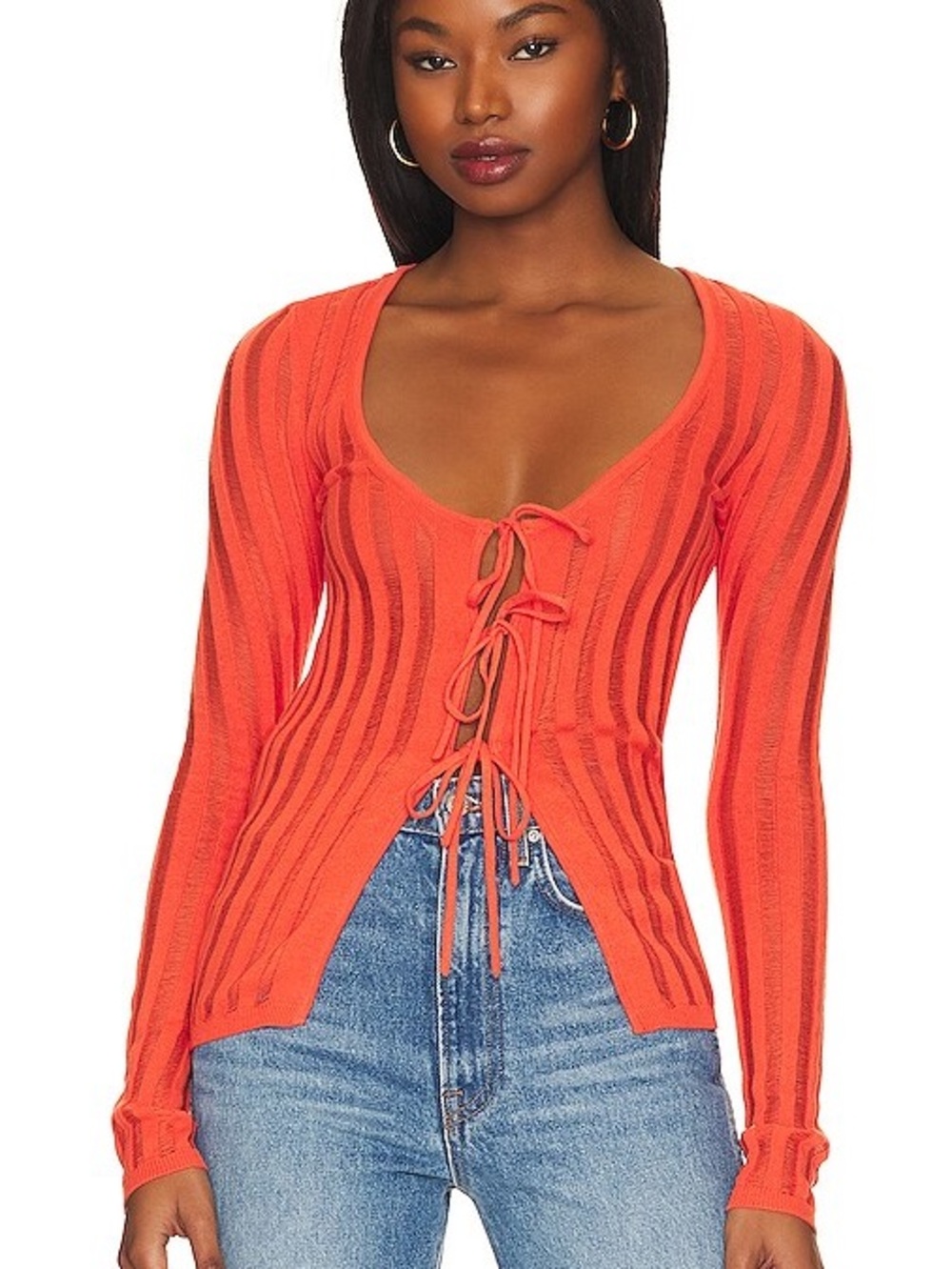 REVOLVE Orange Lace-Up Ribbed Long Sleeve Top